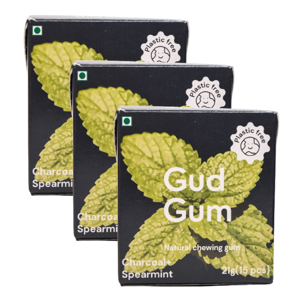Charcoal Mint Gum - Plastic Free, Sugar Free, Natural, Biodegradable, Vegan Chewing Gums | No added colours and flavours- (15 pieces per pack)- 21g