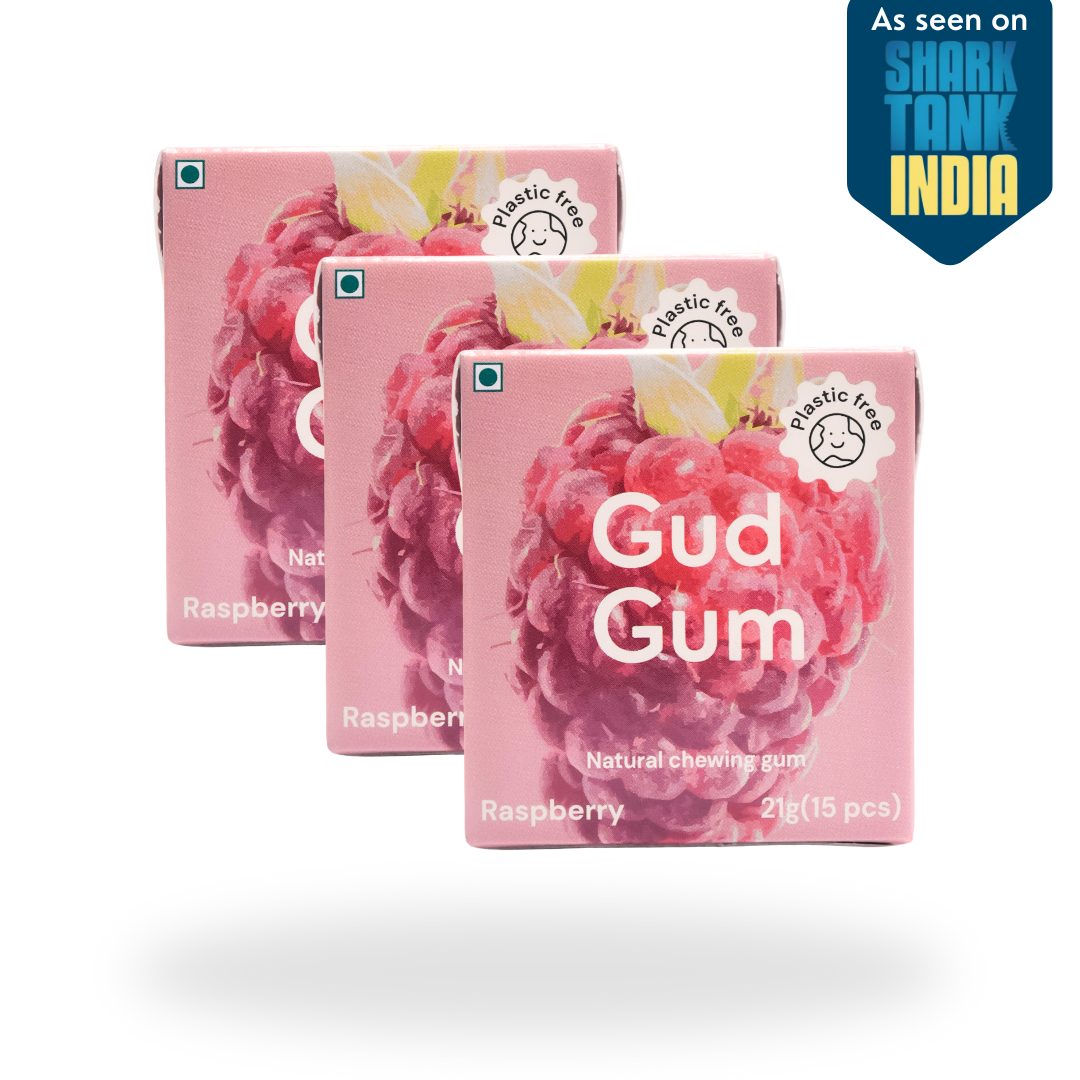 Raspberry Chewing Gum - Plastic-Free, Sugar-Free, Natural, Biodegradable, Vegan. 15 Pieces per Pack, 21g, 4 Packs