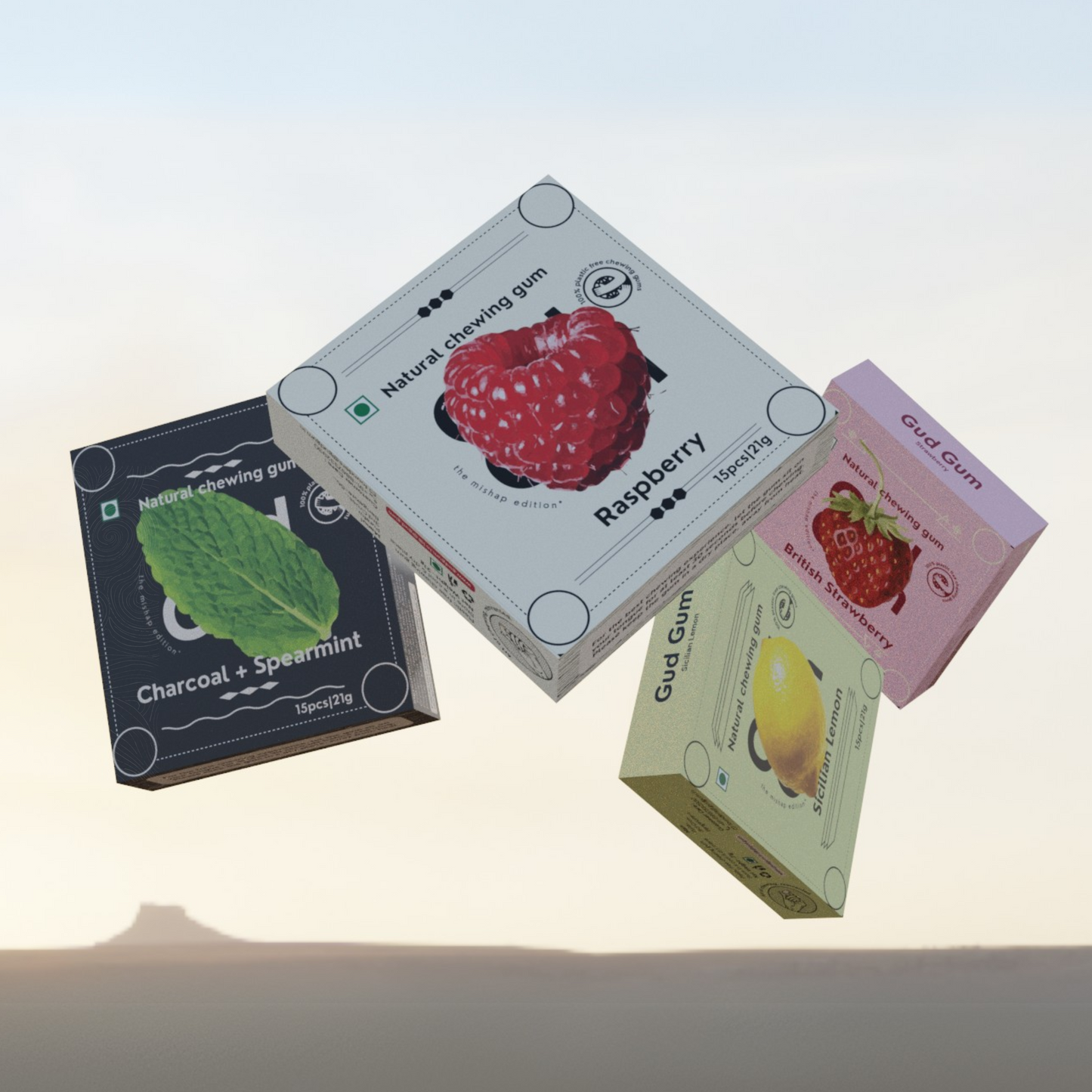 Gud Gum Mini Pack X Mishap packaging - Plastic-Free, Sugar-Free, Natural, Biodegradable, Vegan Chewing Gum. 1 Pack per Flavor, 15 Pellets per Pack, 21g