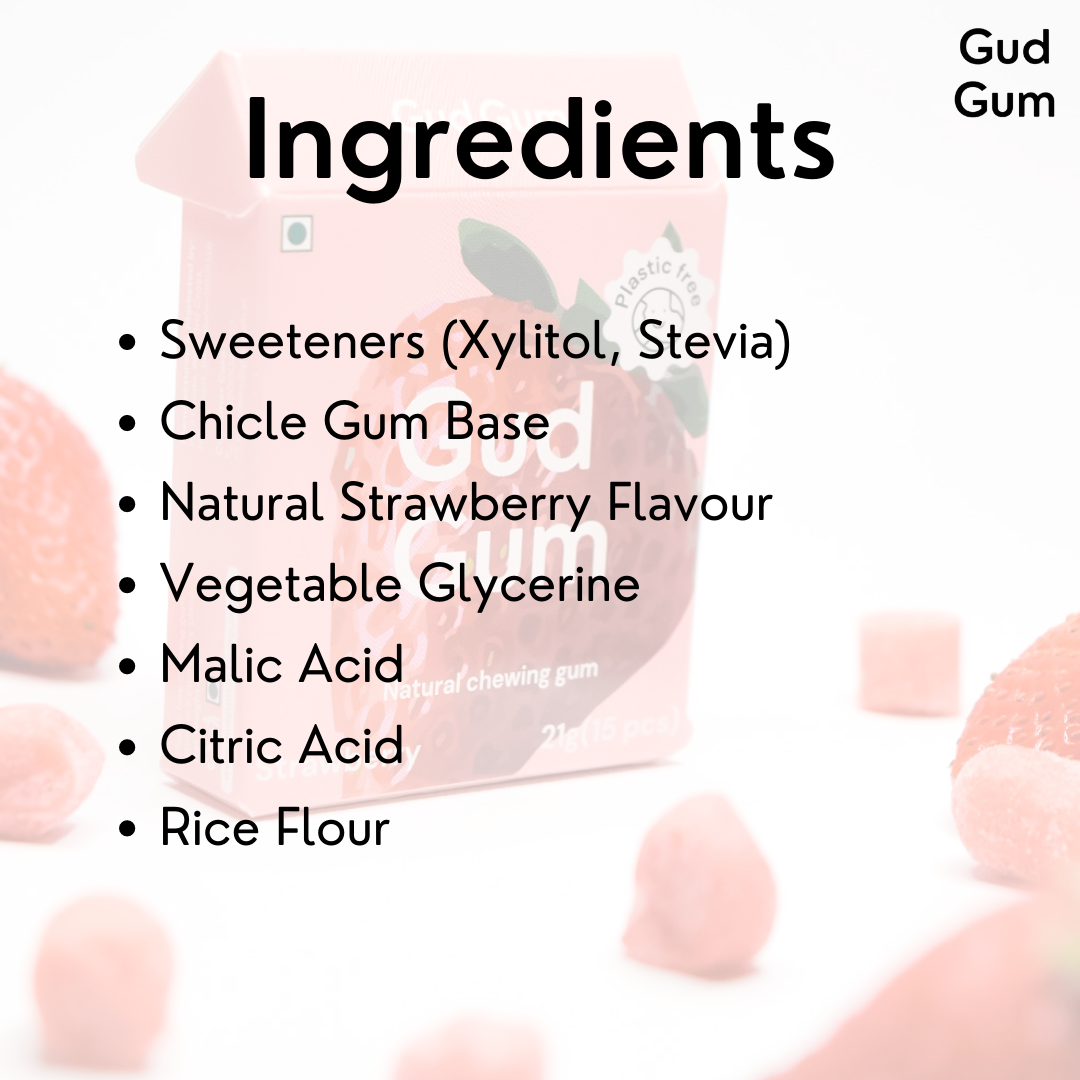 Strawberry Gum - Plastic Free, Sugar Free, Natural, Biodegradable, Vegan Chewing Gums | No added colours and flavours- (15 pieces per pack)- 21g