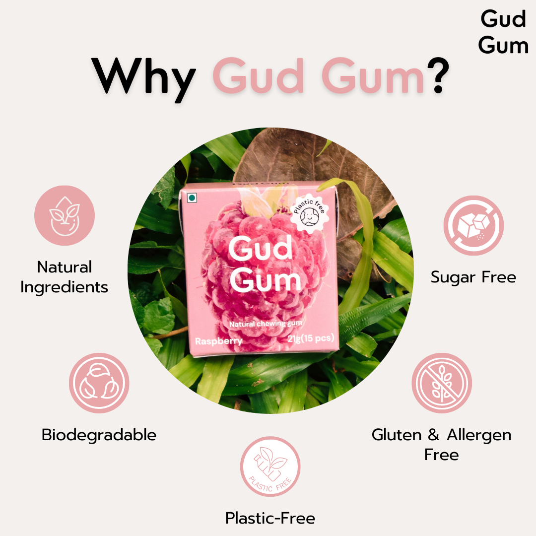 Raspberry Chewing Gum - Plastic-Free, Sugar-Free, Natural, Biodegradable, Vegan. 15 Pieces per Pack, 21g, 4 Packs