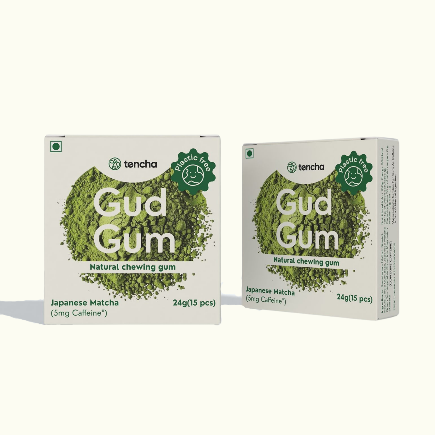 Japanese Matcha Chewing Gum (Gud Gum x Tencha) - Plastic Free, Sugar Free, Natural, Biodegradable, Vegan Chewing Gums | No added colours and flavours- (15 pieces per pack)