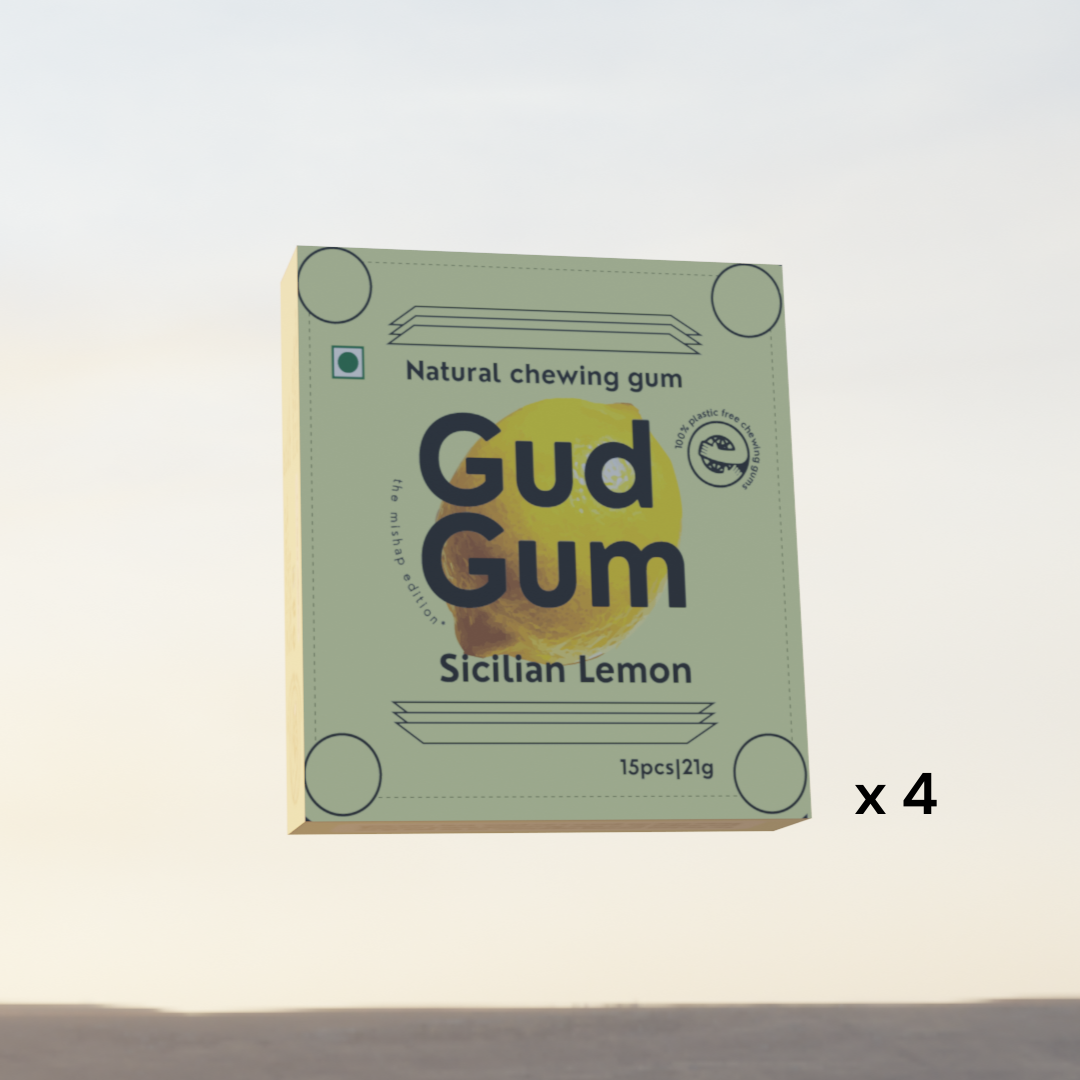 Lemon Chewing Gum - Plastic-Free, Sugar-Free, Natural, Biodegradable, Vegan. 15 Pieces per Pack, 21g, 4 Packs