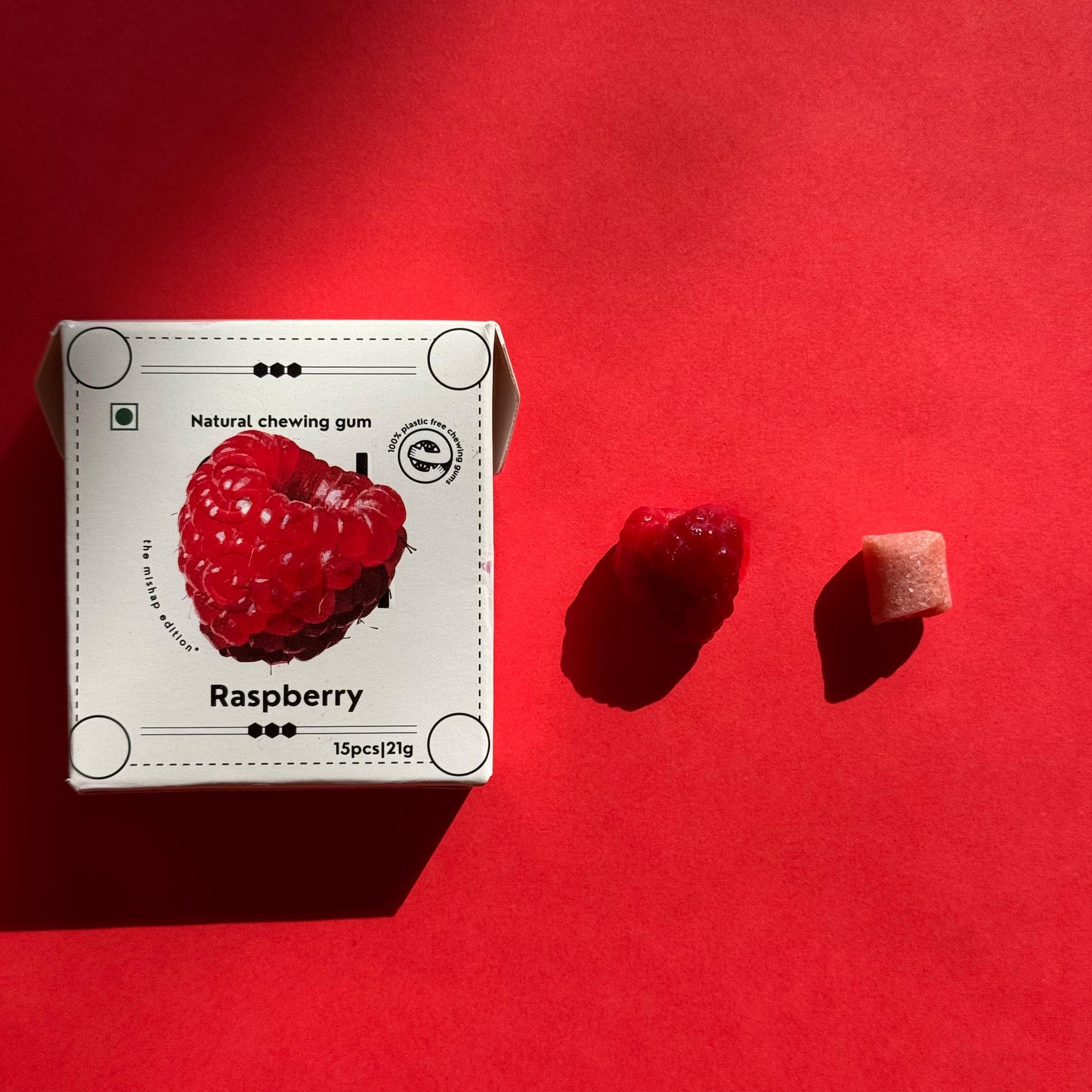 Mishap Edition X Raspberry Chewing Gum - Plastic-Free, Sugar-Free, Natural, Biodegradable, Vegan. 15 Pieces per Pack, 21g, 4 Packs