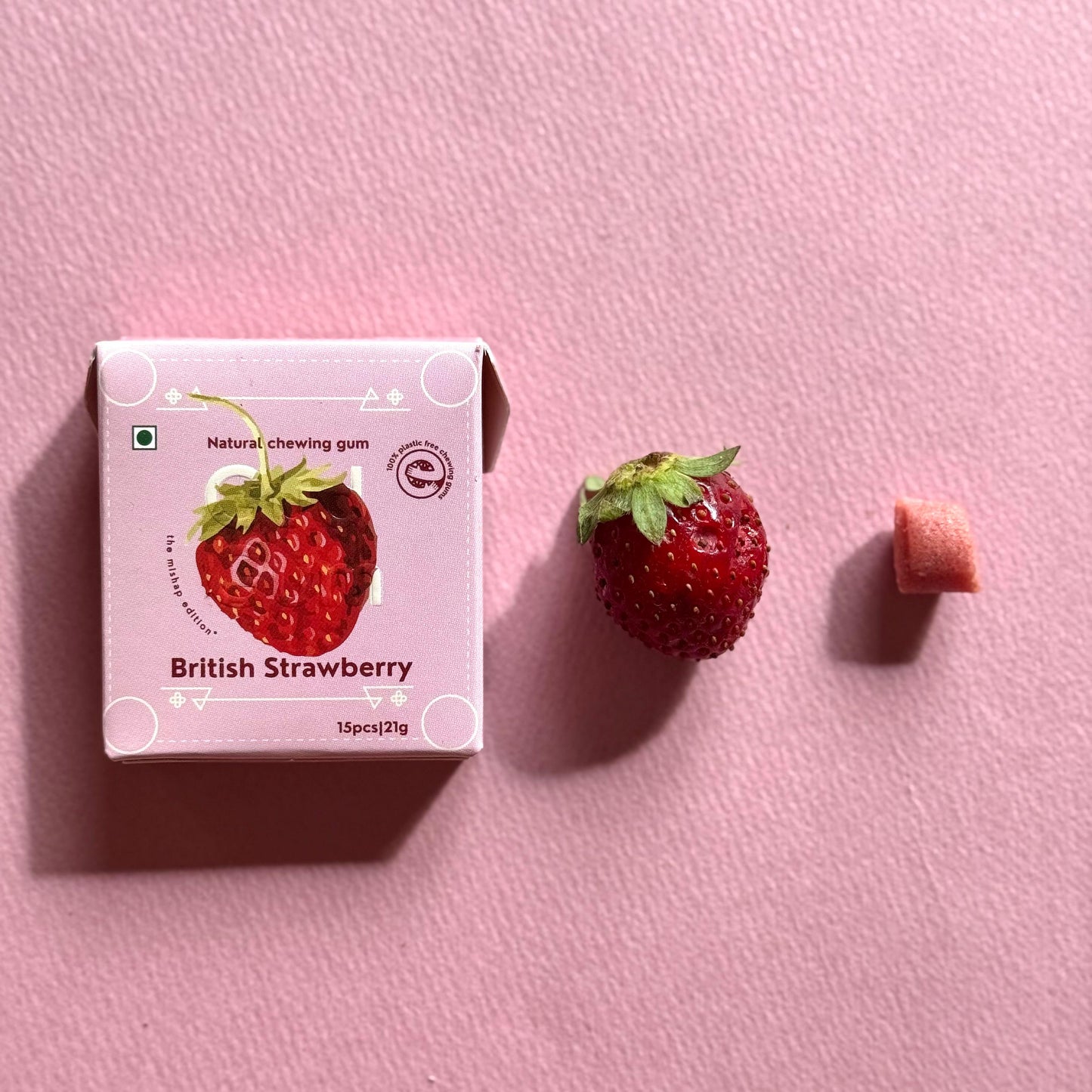 Mishap Edition X Strawberry Chewing Gum - Plastic-Free, Sugar-Free, Natural, Biodegradable, Vegan. 15 Pieces per Pack, 21g, 4 Packs