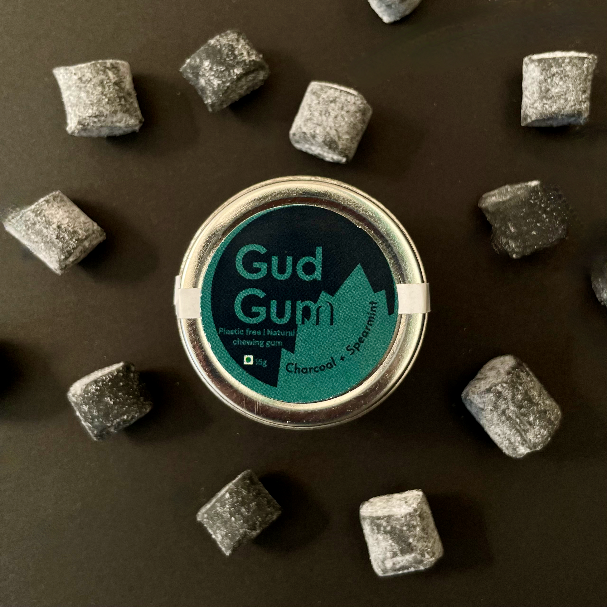 Charcoal Mint Gum (10 pieces per pack)- 15g - Tin Packaging - Gud Gum | Plastic-free & Sustainable Chewing gum
