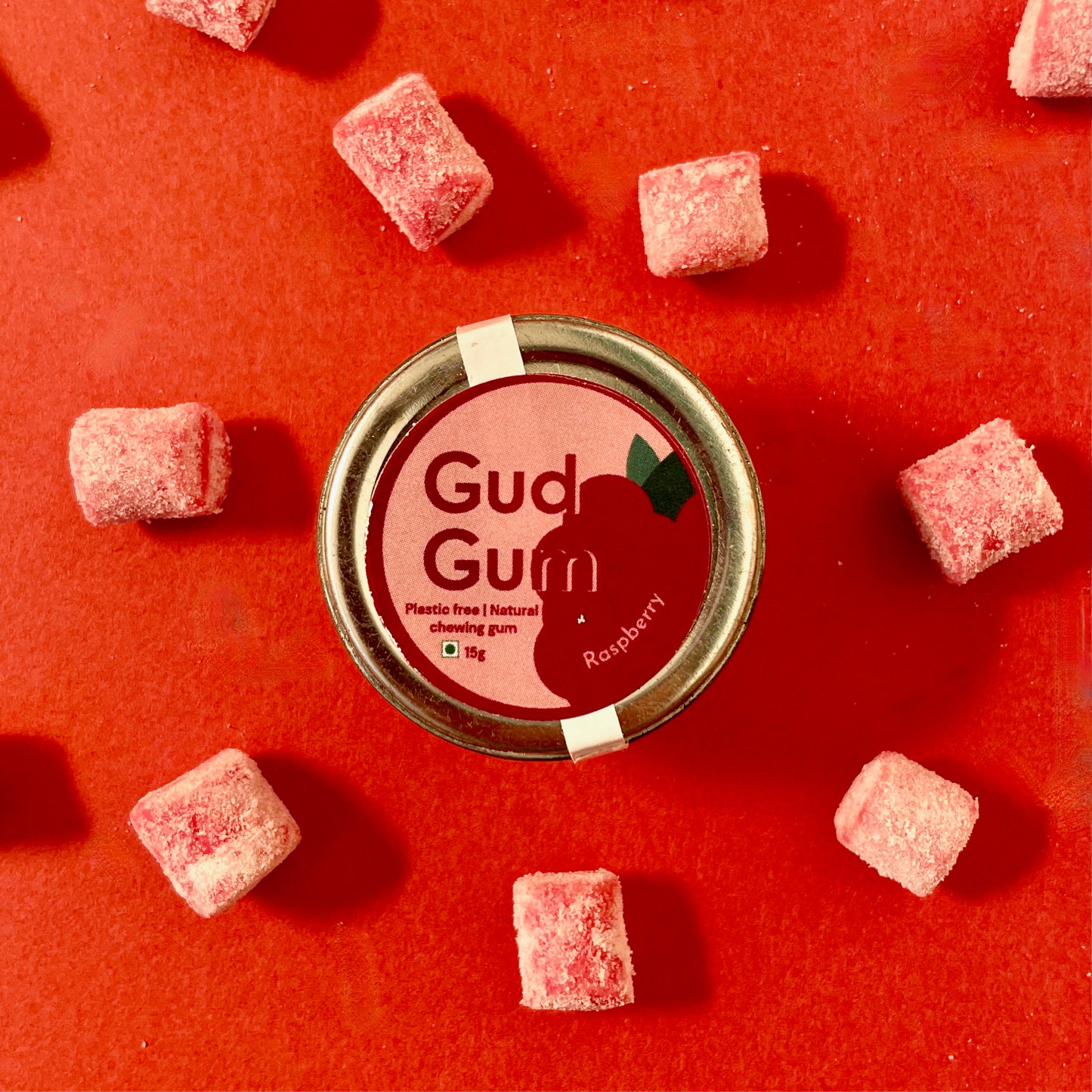 Raspberry Gum (10 pieces per pack)- 15g - Tin Packaging - Gud Gum | Plastic-free & Sustainable Chewing gum