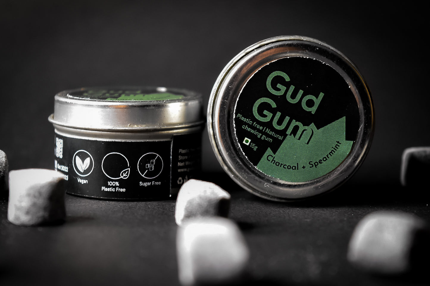 Charcoal-Mint Gum - Plastic Free, Sugar Free, Natural, Biodegradable, Vegan Chewing Gums | No added colours and flavours- (10 pieces per pack)- 15g - Tin Packaging