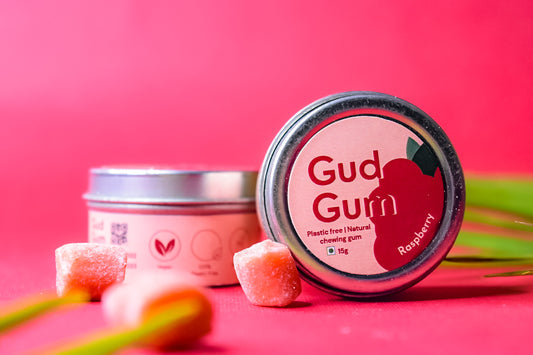Raspberry Gum - Plastic Free, Sugar Free, Natural, Biodegradable, Vegan Chewing Gums | No added colours and flavours- (10 pieces per pack)- 15g - Tin Packaging