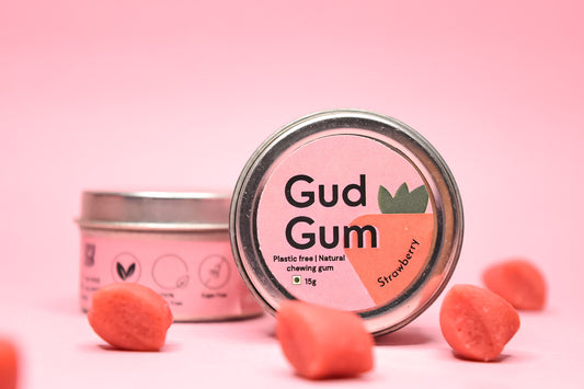 Strawberry Gum - Plastic Free, Sugar Free, Natural, Biodegradable, Vegan Chewing Gums | No added colours and flavours- (10 pieces per pack)- 15g - Tin Packaging